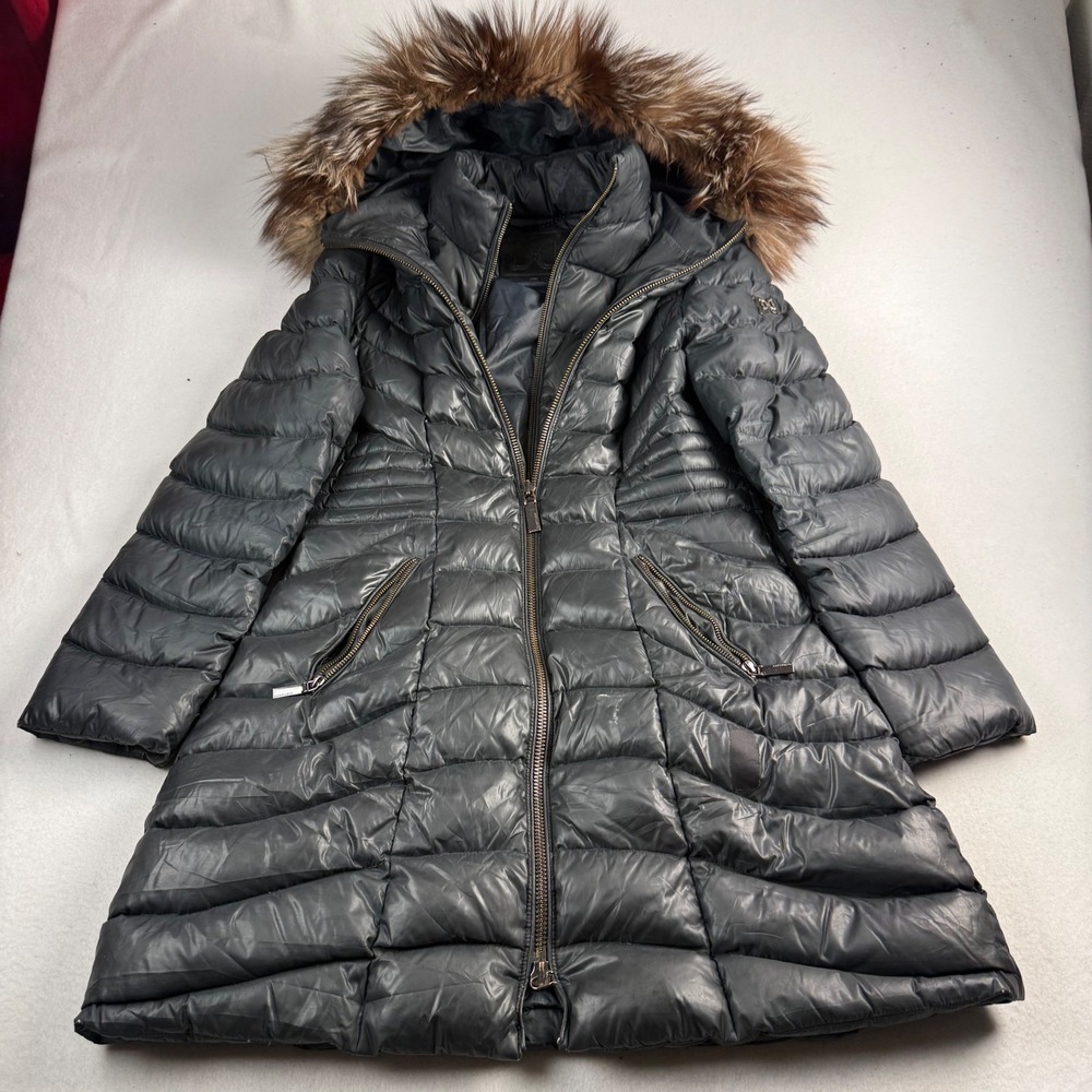 Dawn Levy Womens Charcoal Gray Down Puffer Coat‎ Fur Trim Hood Size M Parka